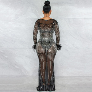 CX5605 abito di strass alla moda a manica lunga in Mesh con motivo dritto per feste eleganti abiti da donna - Product Image 5