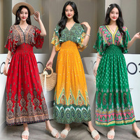 Robe longue d'été pour femme H-283, style ethnique, col en V, en coton et soie, imprimé champêtre, style bohème, pour les vacances