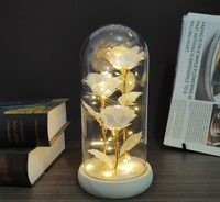 Transfrontalier naturel Real Touch 3 feuilles d'or Roses couvercle en verre fleur éternelle veilleuse fête des mères saint valentin noël