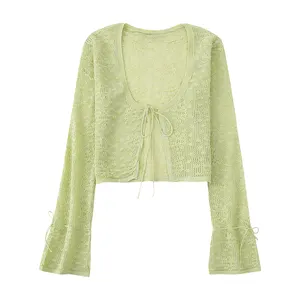 Green color front lace up long sleeve square collar casual cardigan for women