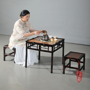 Zhuqi Pavilion Bamboo Square Tea Table With Charcoal Stove For Home Tea Ceremony Asian Style Durable Design - Product Image 1