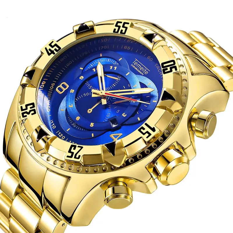 TEMEITE 020G Fashion Quartz Watches Men 3D Blue Big Dial Stainless Steel Strap Brand Watches Luxury Golden Wrist Watches 2021