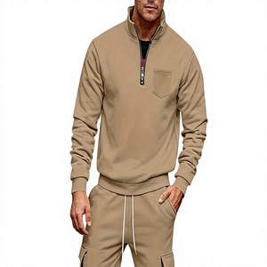 Men's Khaki Quarter-Zip Sweatshirt Set Casual Joggers French Terry Solid Color Autumn Wear - Product Image 2