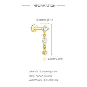 Pendientes de cartílago chapados en oro para mujer al por mayor, de plata S925, con parte trasera plana, borla clásica y circonita cúbica - Product Image 6