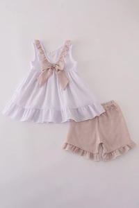 Elegante Chic marrón blanco Seersucker Stripe Ruffle lavable bordado Spandex/pantalones cortos de algodón conjunto cómodo de dos piezas de verano - Product Image 5