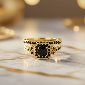 Bague de cocktail en pierre noire glamour avec bande en alliage plaqué or et sertissage pavé pour les occasions de fête et festives, unisexe T0338 - Product Image 2