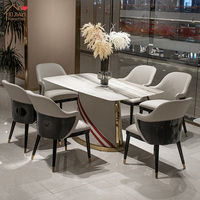 Ensemble de table à manger moderne italienne stable pour 6 personnes, avec plateau en marbre miroir, structure en bois massif, base recouverte de cuir blanc, salle à manger de luxe