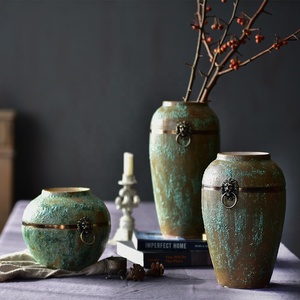Bixuan <strong>Vases</strong> Green Retro Distressed Ceramic Jar <strong>Vase</strong> Unique Brass Ring Decor Art Porcelain <strong>Vases</strong> Table Centerpieces <strong>Set</strong> of <strong>3</strong> - Product Image 2