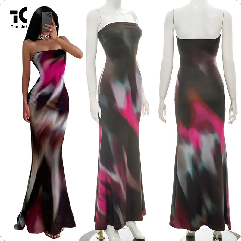 TexUni toptan 2024 yeni moda Bandeau uzun etek baskılı yüksek bel Y2K örme uzun tüp trompet Mermaid Bodycon elbise