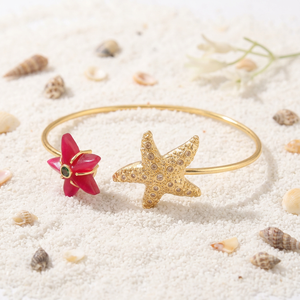 Ocean Beach Summer Jewelry 18k Gold Plated Brass Starfish Open Cuff <b>Bracelet</b> with Black Onyx <b>Ruby</b> Jade Stone Prong Set Jewelry - Product Image 4