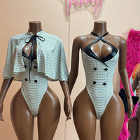 Ensembles 2 Pièces Bodys Rétro Imprimé Pied-de-Poule Jiubaju, Bodys Moulants Sexy en Similicuir Patchwork avec Cape Courte et Châle