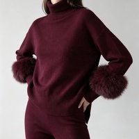 Ensemble de pantalon et pull en maille unie rouge vin Tyan Spring, col roulé, poignets en fourrure de renard, ensemble 2 pièces pour femmes