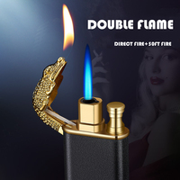 Bleu Flamme crocodile Dragon Tête Double Trou Jet Flamme Briquet Coupe-Vent Modification Flamme Ouverte Gaz Hommes Cadeau Briquet