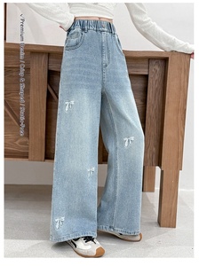 Pantaloni in Denim comodi Casual alla moda da ragazza 2025 con <span class=keywords><strong>Jeans</strong></span> ricamati a gamba larga per la primavera/autunno - Product Image 6