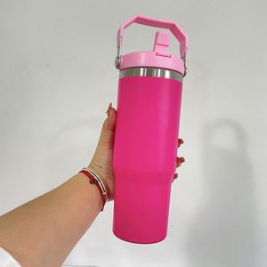 Flip Straw Water <b>Bottle</b> <b>Pink</b> 30Oz Tumbler Power Coated Travel Mug With Handle and Lid - Product Image 3