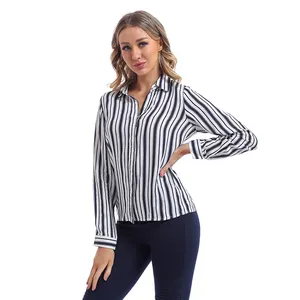 Fashionable Tops Blouses Stripes Office Ladies Shirts Blouses 100% Viscose 2021 for Women Casual Polyester Adults Spring Button