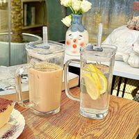 Nouvelle Tasse Carrée Tendance avec Poignée en Verre Sodocalcique, Gobelet Anti-fuite pour Eau, Jus et Boissons Froides, avec Paille Intégrée pour Usage Domestique