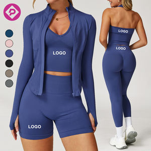 Veste à fermeture éclair côtelée sans couture soutien-gorge à licou Biker court ensemble de 5 pièces Hoty Top Scrunch Butt court Gym Sport Yoga ensemble - Product Image 1