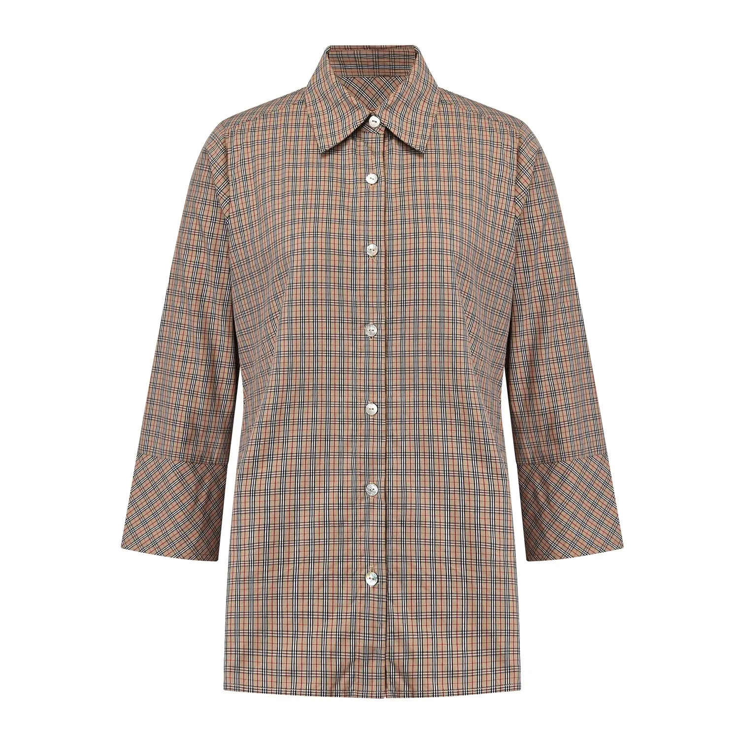 Kunden spezifische Designs Damen Solid Brown Overs ized Button Up Langarm Check Shirts Plaid Ofifce Baumwolle Blusen Frauen