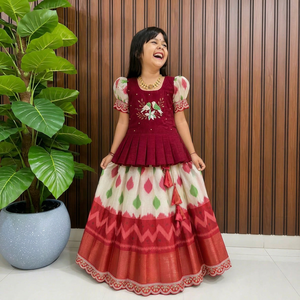 Conjunto de Lehenga para niñas con estampado de bloques, dupatta bordada, blusa de lunares, atuendo tradicional indio, ropa para festivales, ropa infantil. - Product Image 1