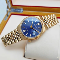 Jam Tangan Mekanik Pria CIT Stainless Steel Warna Emas, Logo Custom, Kalender Sederhana, Dial Biru, Tahan Air, Promo Hot Sale