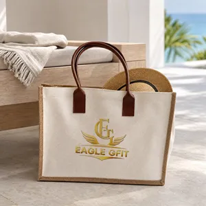 Sac de courses en toile de jute naturelle personnalisé OEM en gros avec poignée en cuir PU durable pour usage quotidien - Product Image 4