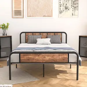 Bed Frame with Wooden Headboard and Footboard, Industrial Metal Bed Frame with Heavy Duty Steel Slat Supports Foundation