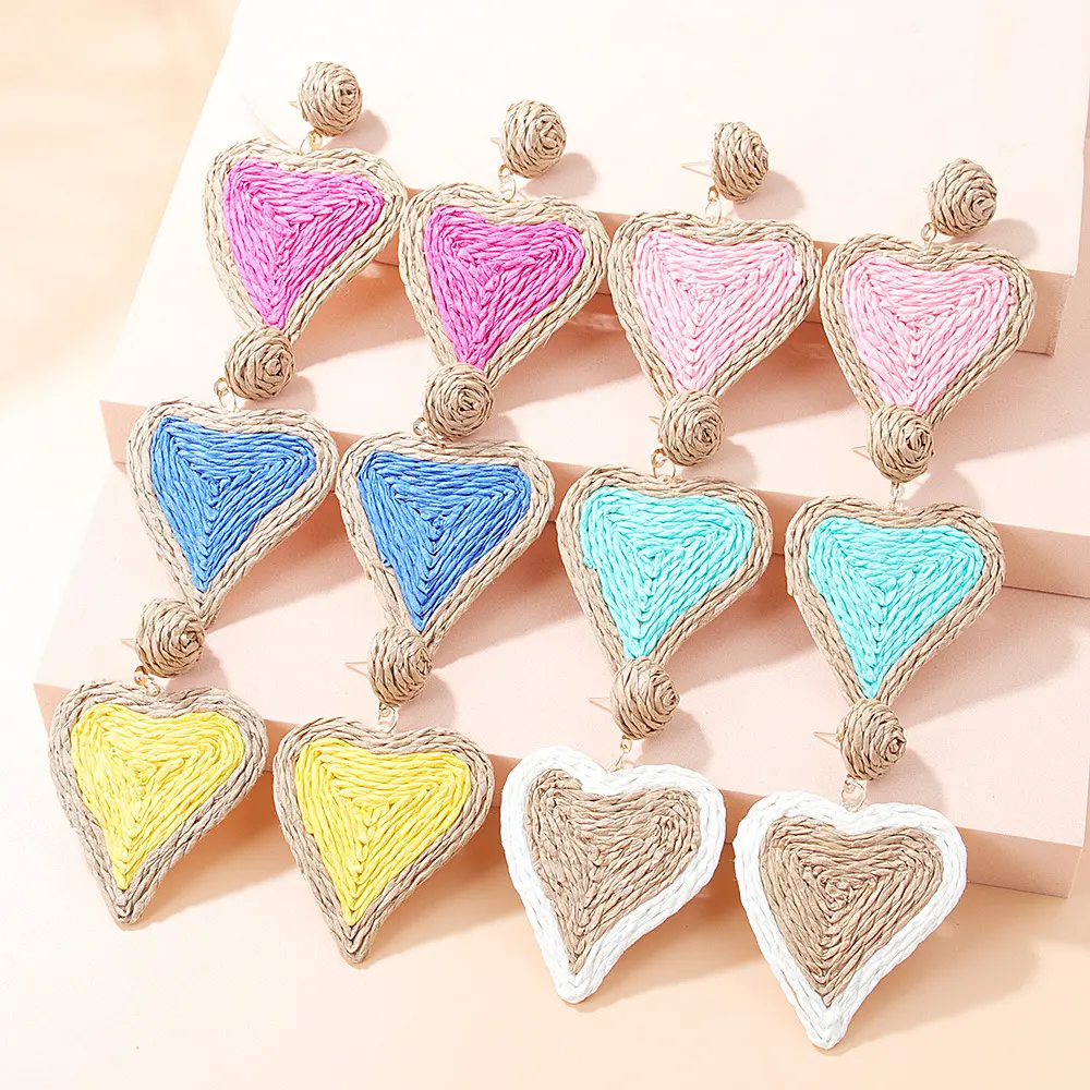 Candy Color Heart Shape Exaggerated Grass Rope Woven Pendant Earrings Ins Simple Temperament Earrings