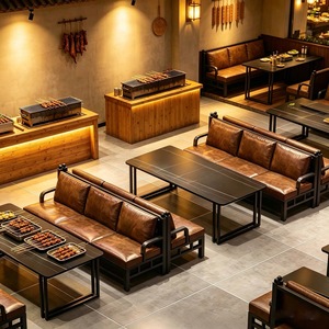 Conjunto de Sofás de Cuero PU Marrón Vintage para Restaurante, Mesa de Comedor de Metal Negro, Muebles de Comedor para <span class=keywords><strong>Bistro</strong></span>, Bar, Cafetería - Product Image 1