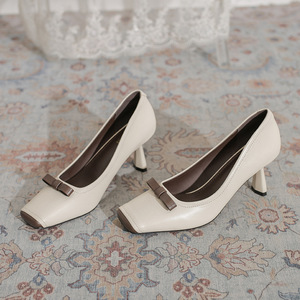 Genuine Leather Square Toe Mary Jane Pumps With Bow <b>Decoration</b> Block Heel Slip-On High Heeled Shoes For Women All Seasons Pumps - Product Image 2