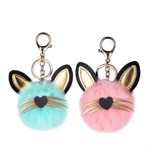 Hot koop leuke kat sleutelhanger bont pom pom bal pluche sleutelhanger voor bag decoratie