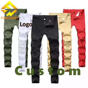 Fengway-pantalones vaqueros rasgados de Color sólido para hombre, ropa de calle informal ajustada con agujeros - Product Image 1