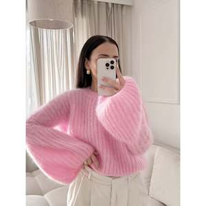 Suéter rosa de manga farol acanalado para mujer, talla S, top de punto suave - Product Image 3