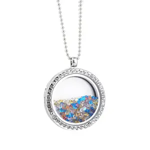 New Design 30mm Rhinestone Living Gold Plated Magnetic Closure Memory Photo Picture Glass Locket Necklace Pendant