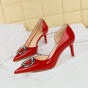 Escarpins sexy à talons aiguilles <span class=keywords><strong>7</strong></span> 10 en cuir verni découpé sur le côté en métal avec boucle en strass pour femmes - Product Image 2
