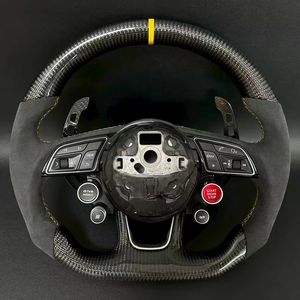 Volant de course en cuir suédé de sport compatible avec <span class=keywords><strong>Audi</strong></span> B9 A4 RS3 A3 A6 A5 A7 <span class=keywords><strong>R8</strong></span> TT Q5 A7 RS6 fibre de carbone point blanc - Product Image 2