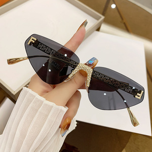 Frameless Rhinestone <b>Sunglasses</b> Black PC Lens UV400 Unisex Outdoor Style - Product Image 1