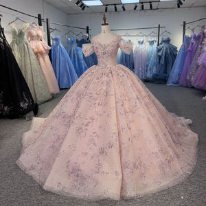 Robe de soirée de bal princesse rose à col rond, taille naturelle, avec perles, appliques brodées et sequins, modèle 8511 - Product Image 1