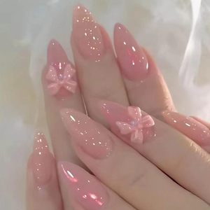 <span class=keywords><strong>Uñas</strong></span> <span class=keywords><strong>Postizas</strong></span> OEM Rosadas con Diseño de Mariposa y Lazo, Set de Esmalte en <span class=keywords><strong>Gel</strong></span>, Puntas Largas, Cobertura Completa, Forma Almendrada, 24 Piezas, Libres de Tóxicos, Veganas - Product Image 1