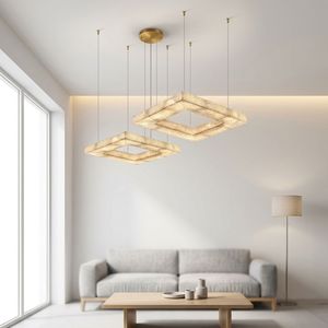 Lustre rectangulaire en laiton avec abat-jour en albâtre, lumière LED blanche chaude pour salon, 3500K, dimmable, culot E27 - Product Image 4