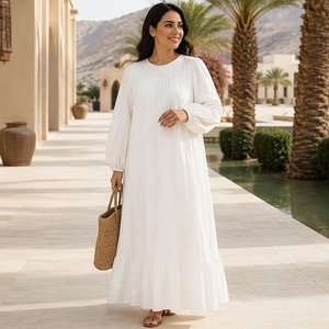 Abito lungo in poliestere plissettato effetto stropicciato con maniche a sbuffo e orlo arricciato, 5 colori a magazzino, elegante, casual, da donna, Abaya musulmana - Collezione 2026 - Product Image 5