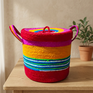 Colorful Striped Woven Storage Basket with <b>Lid</b> and Handles Round Fabric Organizer <b>Bin</b> for Clothing and Office - Product Image 1