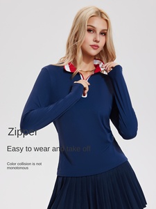 เสื้อยืดแขนยาวกีฬาวินเทจสำหรับผู้หญิงมีปกเสื้อโยคะคอวีแห้งเร็วเสื้อโปโลกลางแจ้งเทนนิส - Product Image 2