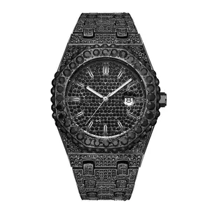 Luxo Bling Diamond Stones Men's Watch 18k Gold Plated Ice out Quartz Iced Wrist Relógios para homens Masculino Relógio de pulso impermeável