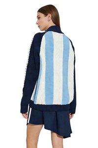<strong>Women's</strong> Woven Casual <strong>Cardigan</strong> Vintage Sport Zip Knit <strong>Cardigan</strong> Light <strong>Blue</strong> White Striped with Cable Texture and Side Stripe Detail - Product Image 2