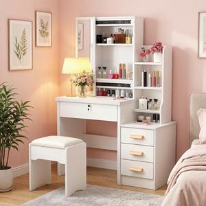 <span class=keywords><strong>Commode</strong></span> blanche avec miroir et éclairage, <span class=keywords><strong>grande</strong></span> <span class=keywords><strong>capacité</strong></span> et tabouret, style MDF, idéale pour chambre à coucher - Vente flash - Product Image 1