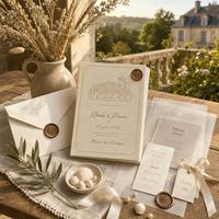 Carte d'invitation de mariage personnalisée avec enveloppe, motif château dessin au trait, sceau de cire bronze, menu en vélin, suite thème Ferme Rustique