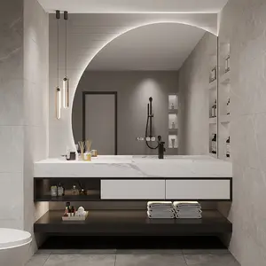 Parede luxo montado banheiro armários bancada mármore banheiro maquiagem armários vaidades