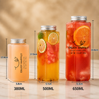 Bouteilles en plastique pour jus de fruits en gros, 380 ml, 500 ml, 650 ml, bouteilles en plastique PET jetables, forme carrée, bouteilles transparentes personnalisées