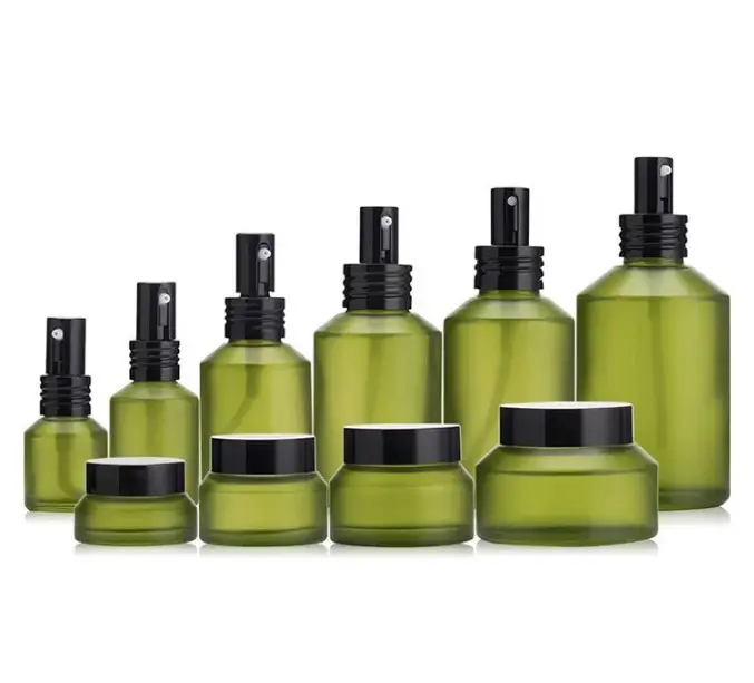 Luxury Cosmetic Packaging Glass 30ml 100ml Lotion Bottle With Pump Skin Care Packaging in Matte Green Set Jar